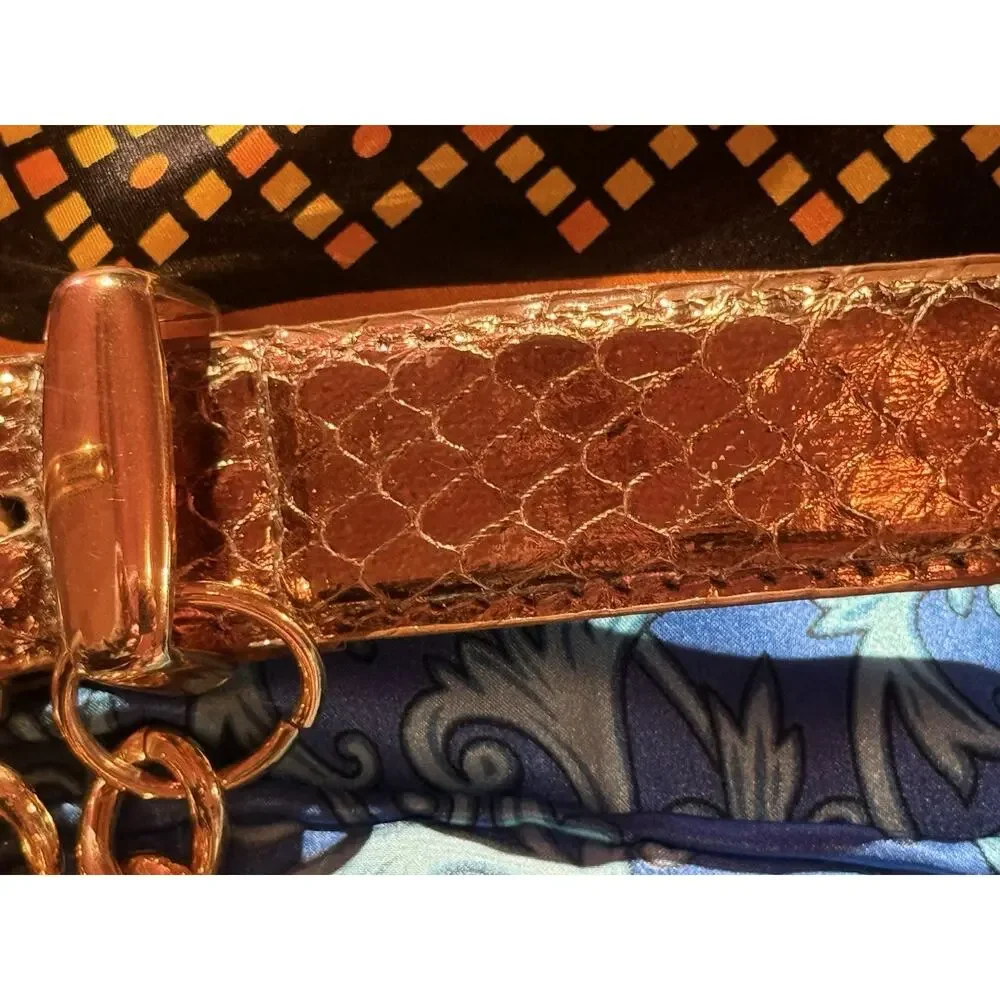 Women’s Brown Snakeskin Pattern Fashion Belt Gold Buckle Chain Accent S/M